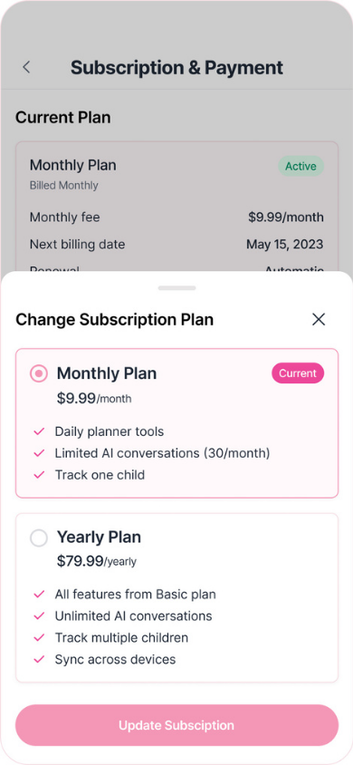 Subscription payment wireframe